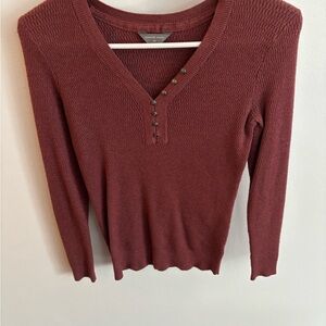Denver Hayes Burgundy V-Neck Sweater with Button Detail